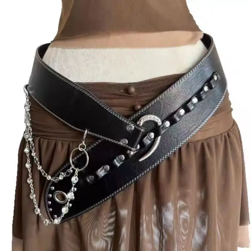 Vintage Gothic Punk Rivet Black Wide Waist Belt For Women Rhinestone Buckle Detachable Chain Y2k Streetwear Corset Waistband For