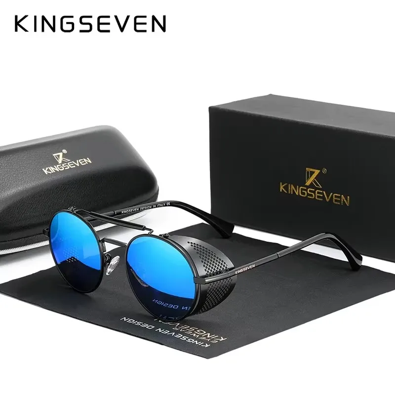 KINGSEVEN Brand Classic Gothic Steampunk Sunglasses Polarized Men  Vintage Round Metal Frame Sun Glasses Eyewear