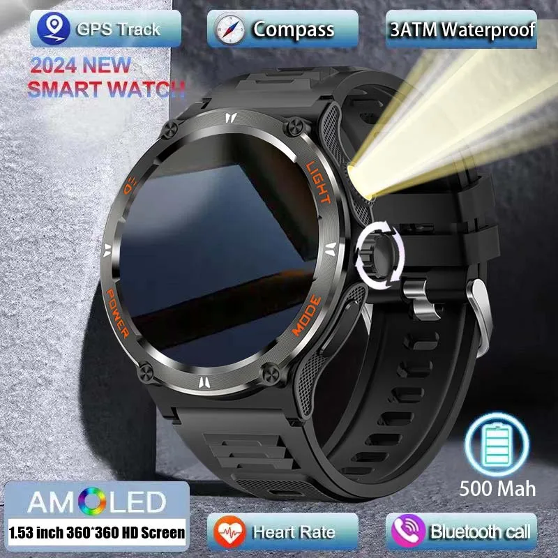 2024 New For Huawei XIaomi Men Outdoor three defense 30 meters LED light smart watch Bluetooth Call GPS Track 500Mah Smartwatch