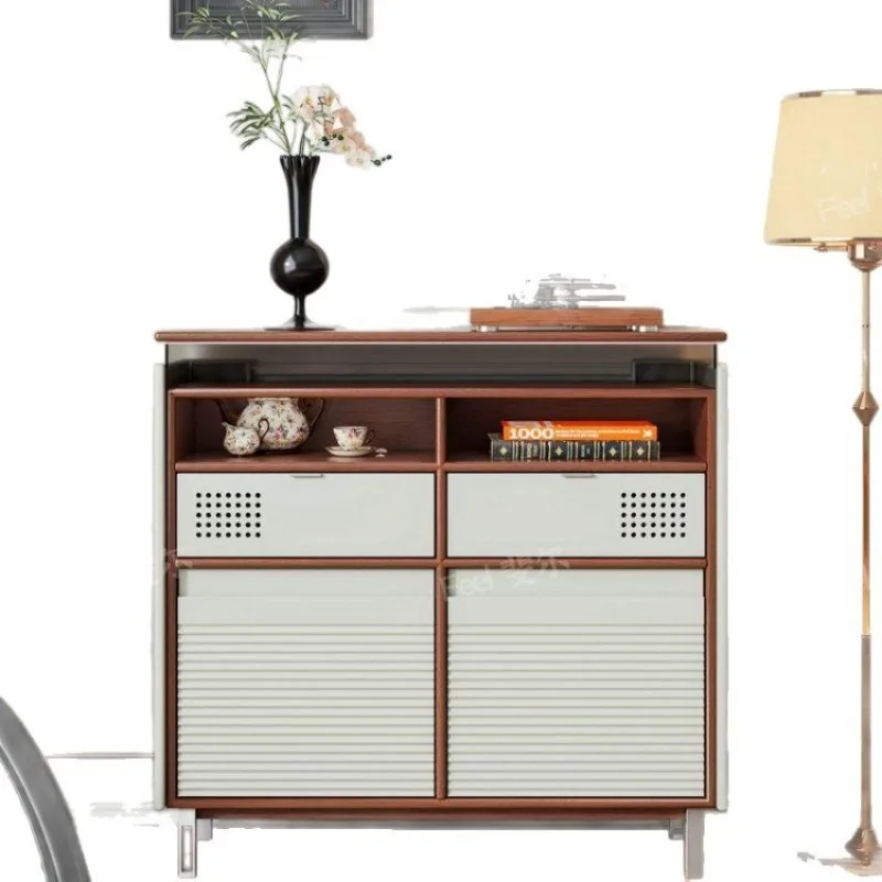 Retro solid wood living room, ancient white against the wall, audio cabinet