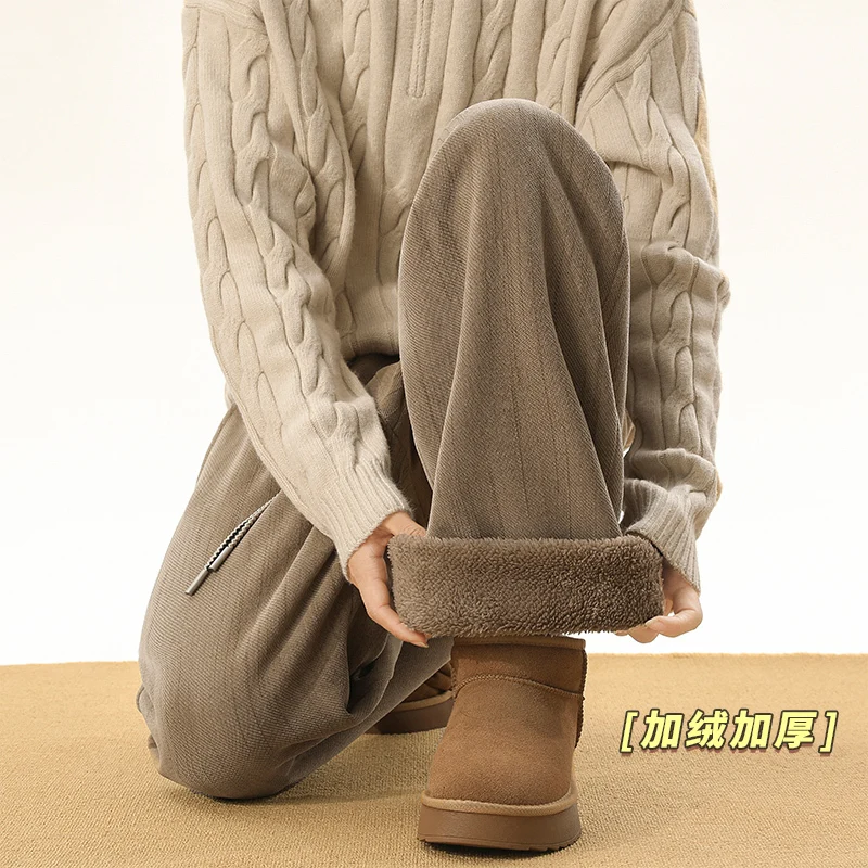

Winter Thick Pants Men Warm Fashion Beige Plush Casual Pants Men Streetwear Loose Wide Leg Pants Mens Black Thicken Trousers