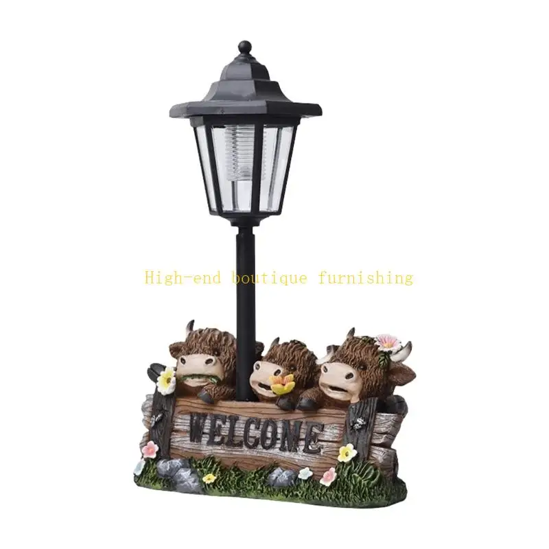 L9NB Cow Yard Statue Welcome Resin Garden Figure with Solar Light for Lawn Ornaments Porch, Entryway and Outdoor Display
