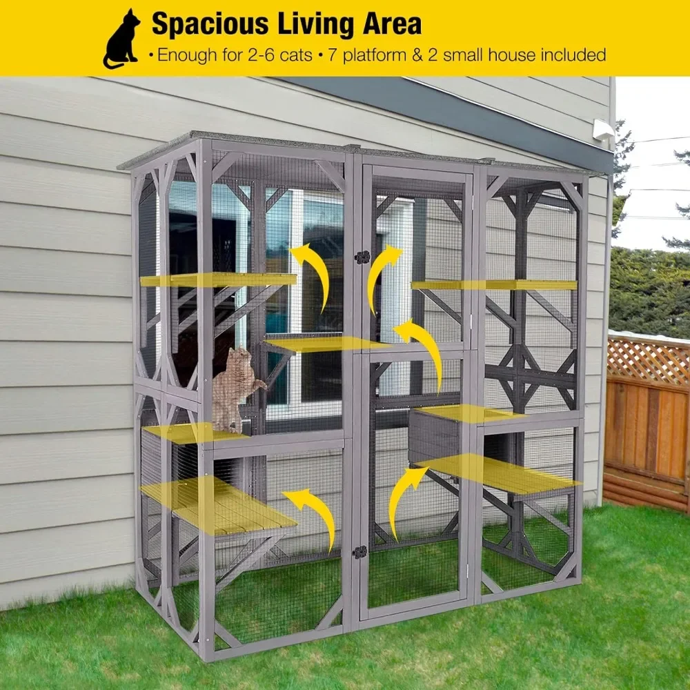 Aivituvin Catio Outdoor Cat Enclosure Large Walk in Cat Kennel Kitten Cage with Platforms and Small Houses