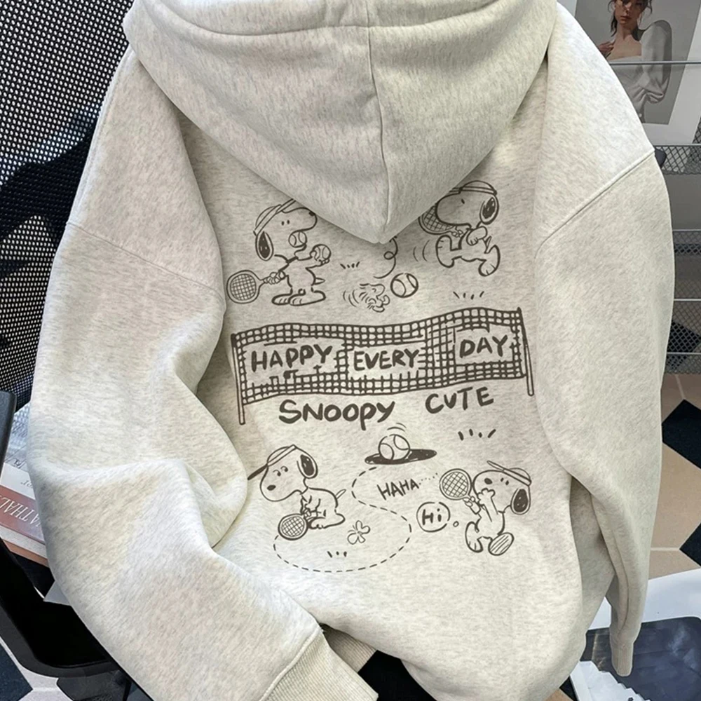 スヌーピーのピーナッツ漫画柄パーカー、女性用、チェック柄裏地付き、ゆったりとしたシルエット、背面にスケッチプリント、長袖、ストリートウェア、プルオーバー、かわいい