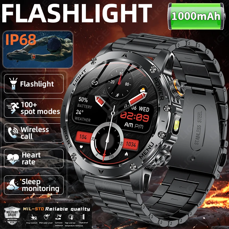 

LIGE Новые GPS спортивные умные часы для мужчин, аккумулятор 1000 мАч, 1,70-дюймовый экран, светодиодный фонарик, водонепроницаемые умные часы с Bluetooth и вызовом