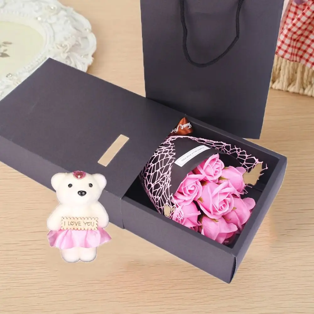 With Bear Doll 7 Rose Soap Bouquet Packing Box Artificial Flowers Rose Bouquet Gift Box Ribbon Bow Simulated Rose Bundle