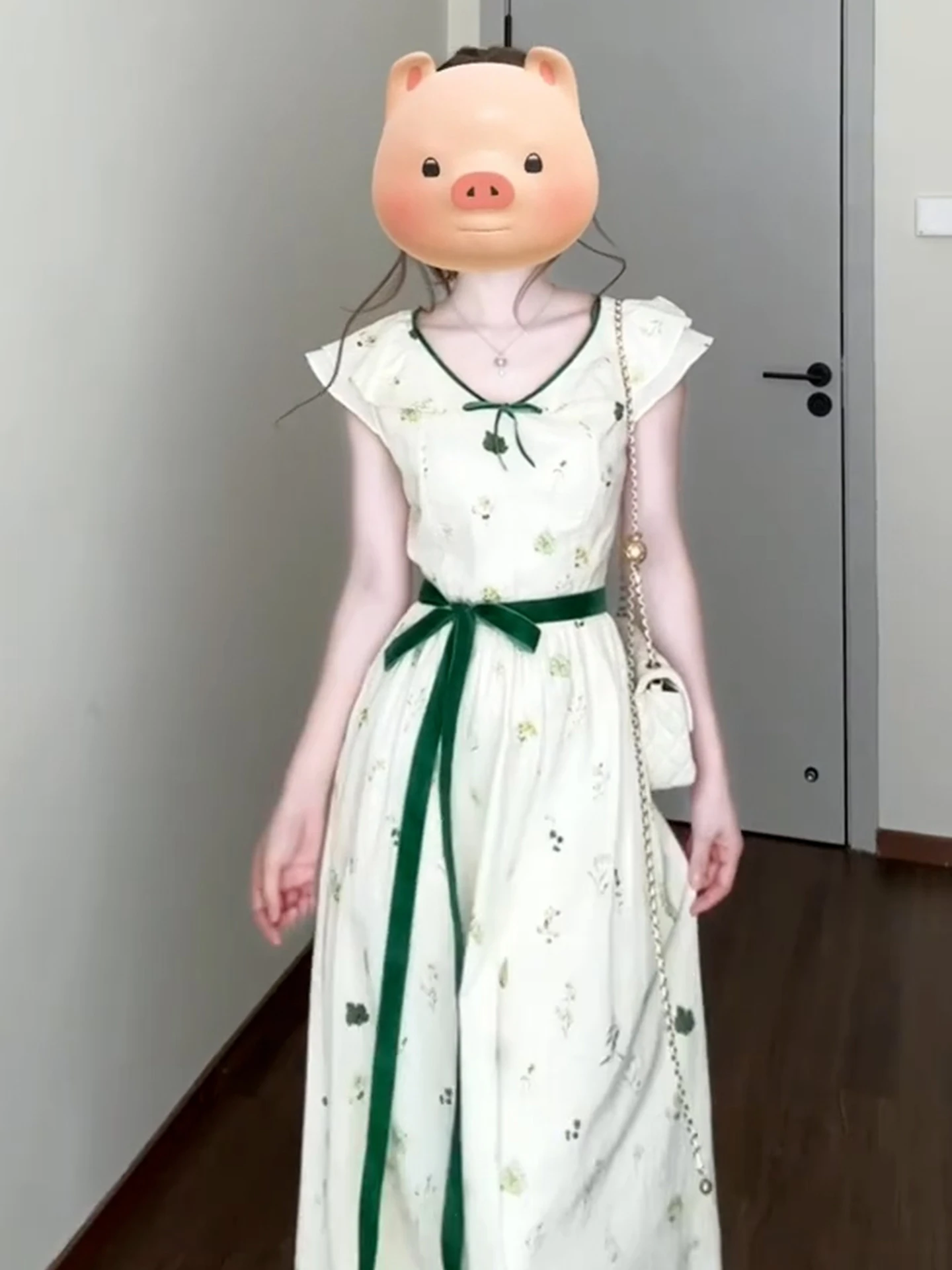 الرجعية الأبيض الأزهار الدكتور المرأة الصيف تصميم لطيف الخصر Cinching طويل الدكتور ألف خط تنورة V-Ne ort Sve عالية الخصر