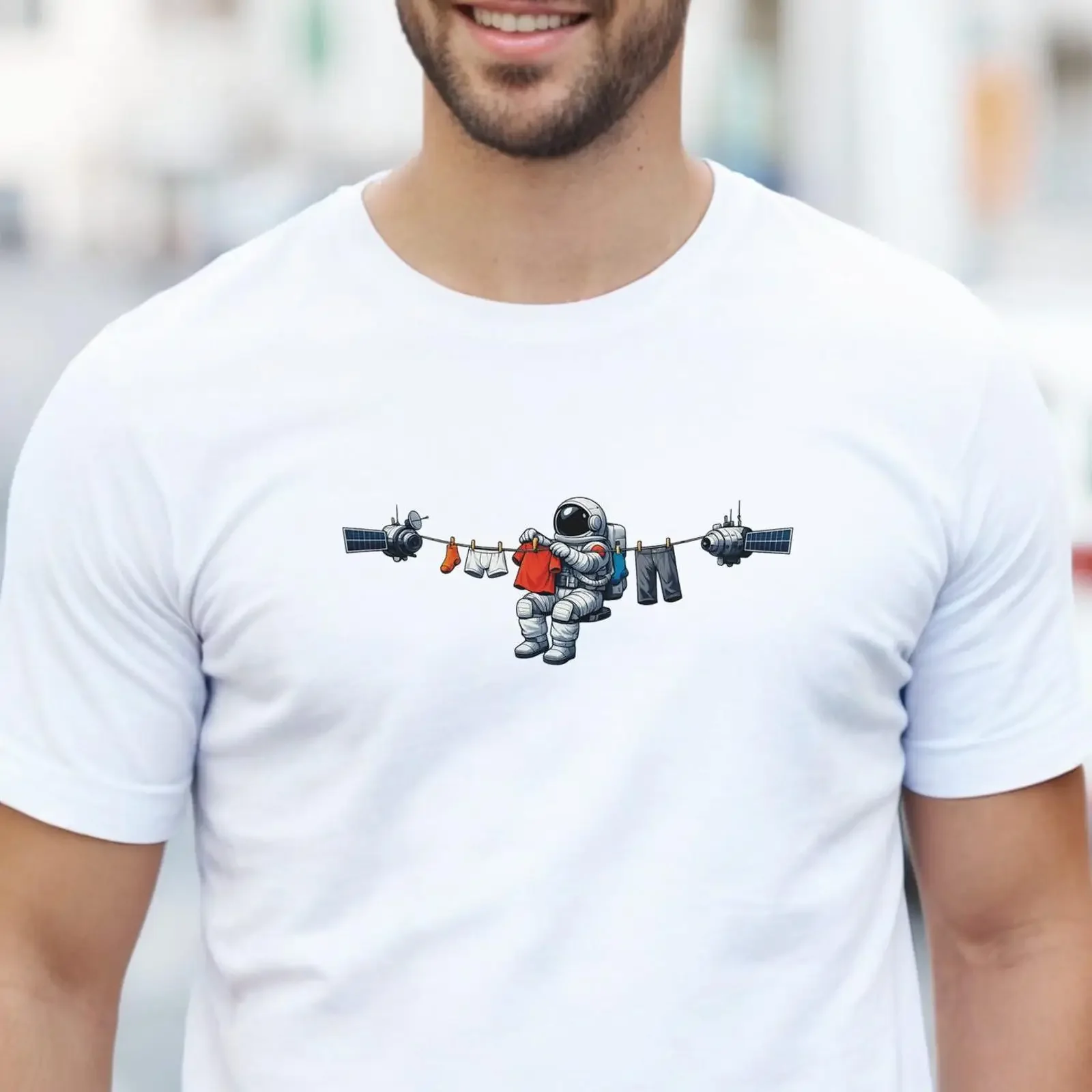Funny Astronaut Hanging Laundry Men's T Shirt Casual Space Themed  Novelty Birthday for Fans vintage Washed streetwear