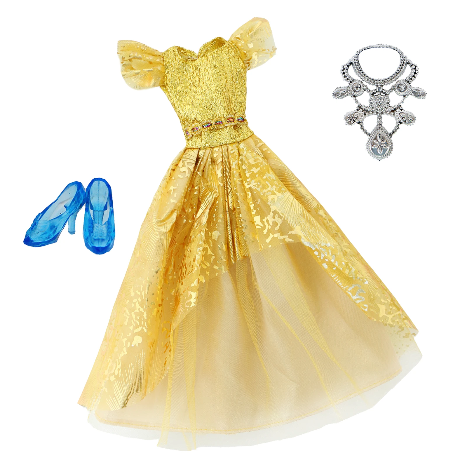 Fashion Golden Princess Doll Dress Party Wear Gown Outfit with Blue Crystal Shoes Necklace Clothes for 11.5'' Doll Kids Gift Toy