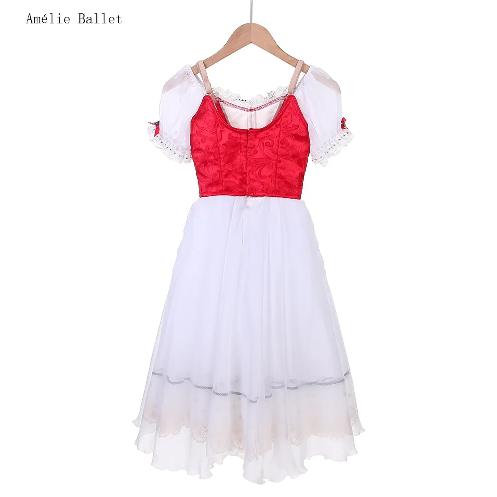 B24124 مخصص قصيرة الأكمام الأحمر المهنية رومانسية طويلة الباليه توتو أداء أزياء الرقص