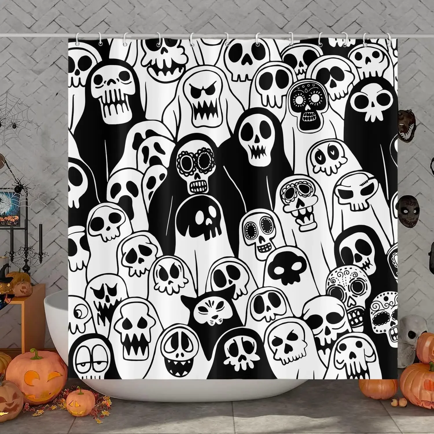 Halloween Skull Shower Curtain Spooky Skeleton with Ghost Horror Holiday Scary Halloween Bath Curtain Bathroom Decor