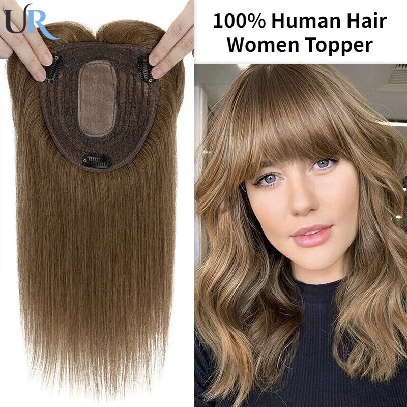 Adorno de cabello humano para mujer, adornos naturales con flequillo, pelucas de cabello humano 100%, pelo liso, Base de seda rubia, Clips en postizos