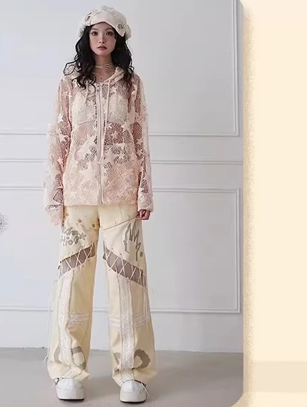 Personality Chic Beige Star Gauze Versatile Hollow Out Hooded Top Sexy Loose Fashion Age-reducing Long-sleeved Zipper Cardigan