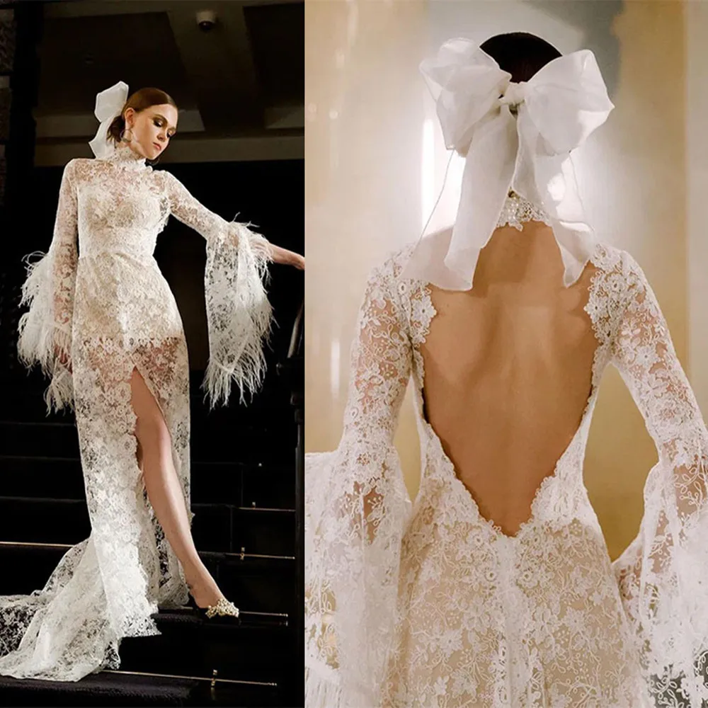 Elegant Wedding Dresse Mermaid Gowns Feather New High Neck Backless Bridal Gown Lace Brush Train Robe De Vestido Customized