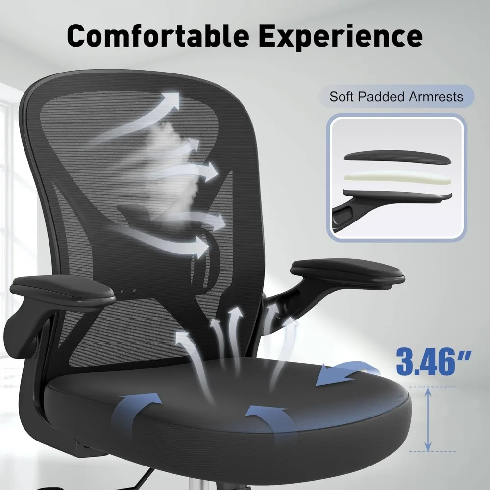 كرسي مكتب مريح قابل للتعديل لدعم قطني مع أذرع قابلة للطي، كرسي مكتب بعجلات للمكتب المنزلي، أسود #3