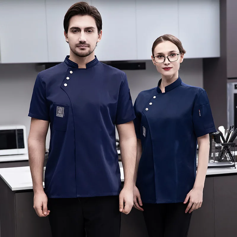 Men Chef Short Sleeve Uniform Kitchen Shirt Restaurant Cooking Coat  Bakery Breathable Cook Jackets Food Catering Cafe Workwear