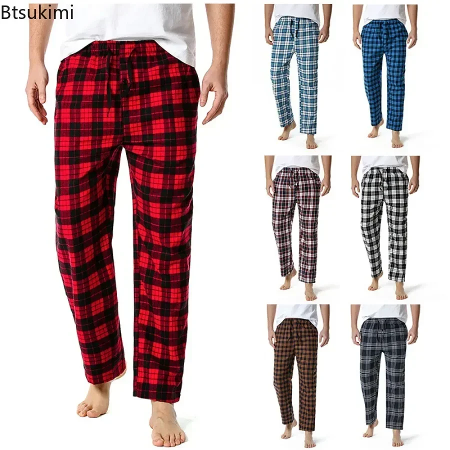 2026 Men's Casual Plaid Pajamas Pants Lounging Relaxed Homewear Trousers Straight Yoga Pants Cotton Drawstring Sleep Bottoms Men