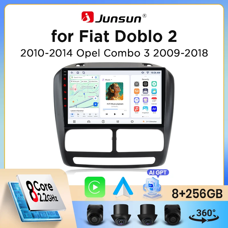 Image of Junsun Wireless CarPlay Android Auto Autoradio für Fiat Doblo / Opel Combo D (263) 2010-2018 mit integriertem Lüfter, Android GPS-Navigation, Multimedia-Player, WiFi, DSP, RDS, BT, SWC,