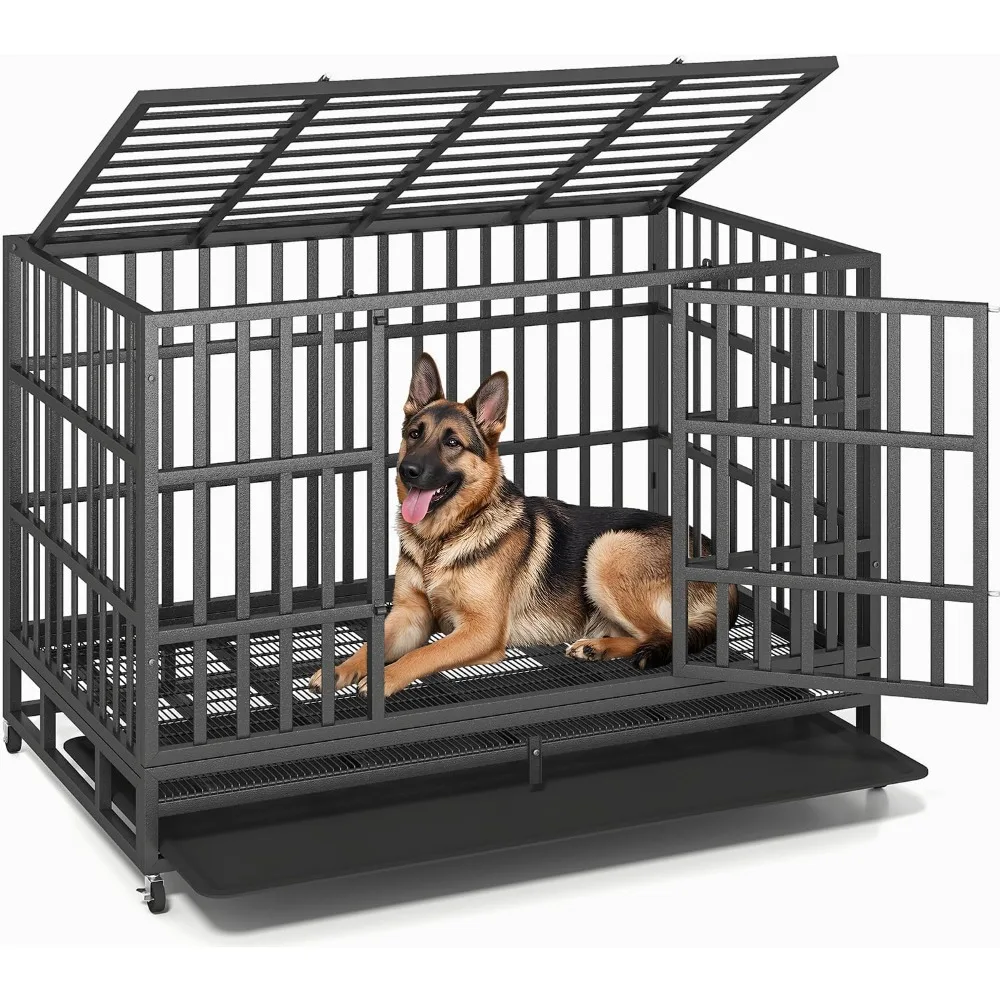 

48/42/38 Inch Heavy Duty Indestructible XL Dog Crate Steel Escape Proof, Indoor Double Door High Anxiety Cage, Removable Tray, K