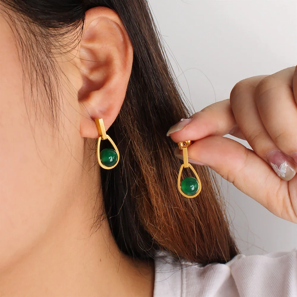 DIY accessories Foreign trade stainless steel water drop ball emerald pendant earrings niche forest system high-end summer earri