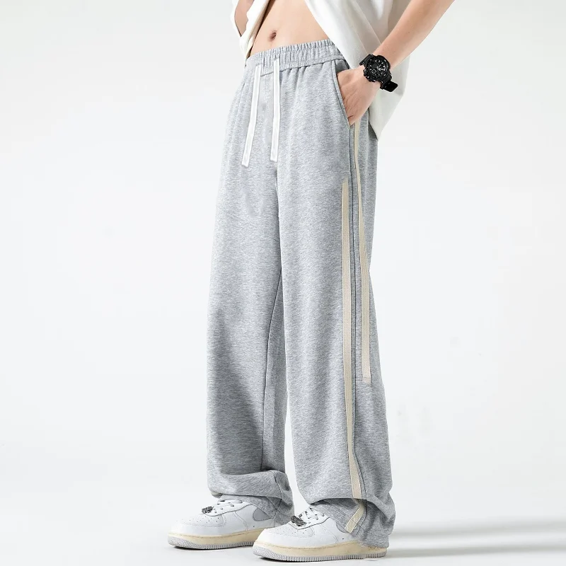 Loose Versatile Straight Sports Pants Men's Solid Patchwork Stripes Elastic Waist Drawstring Autumn New Trend Wide Leg Trousers
