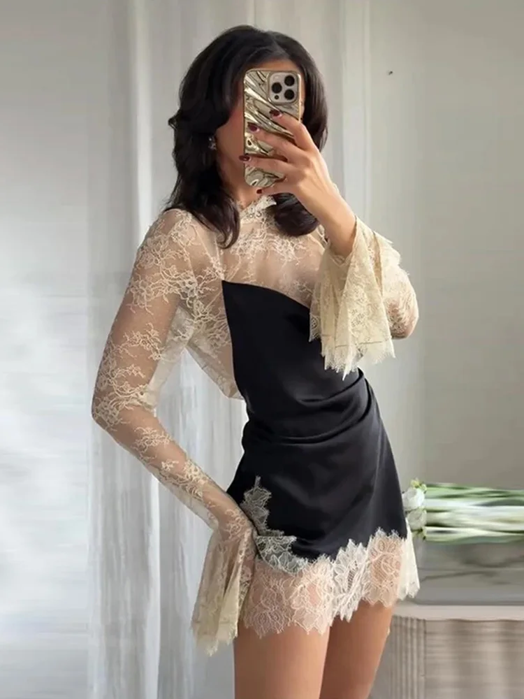 HH femme mode couleurs contrastées Sexy robe de soirée femmes élégant manches longues dentelle épissage cloche manches décoration Mini robe