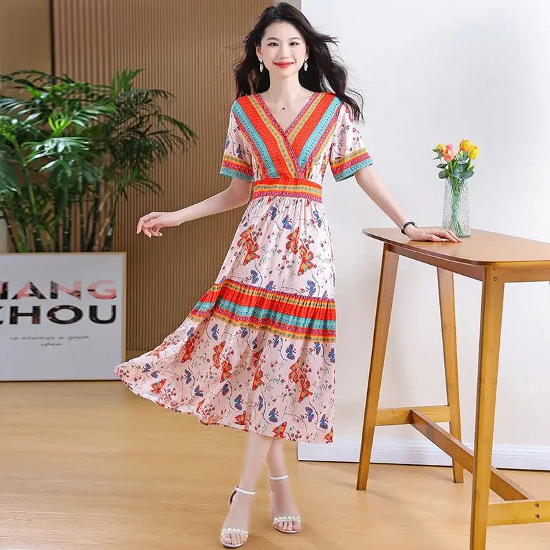 الأزهار زهرة عطلة فساتين حريمي بوهو ميدي فستان ملابس عصرية Harajuku مصمم متعرج الشاطئ Kpop على تعزيز الساخن