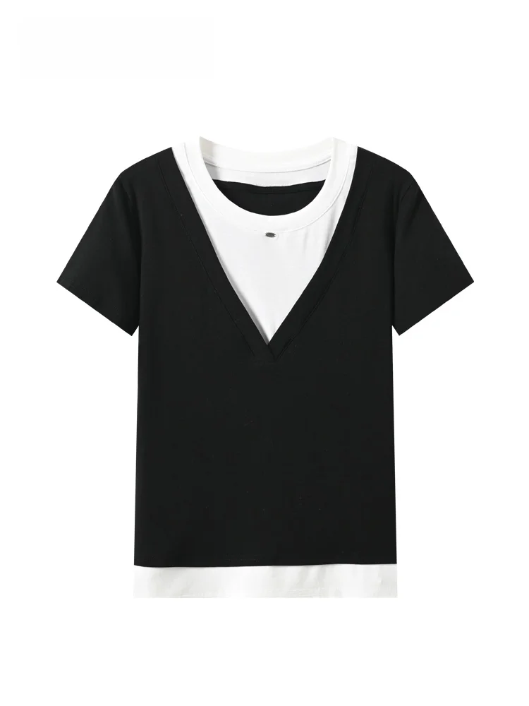 

plus Size Women's Short Sleeve T-Shirt Summer New Style Slimming Age-Defying Shoulder Appropriate Trendy Casual Style Fake Tw...