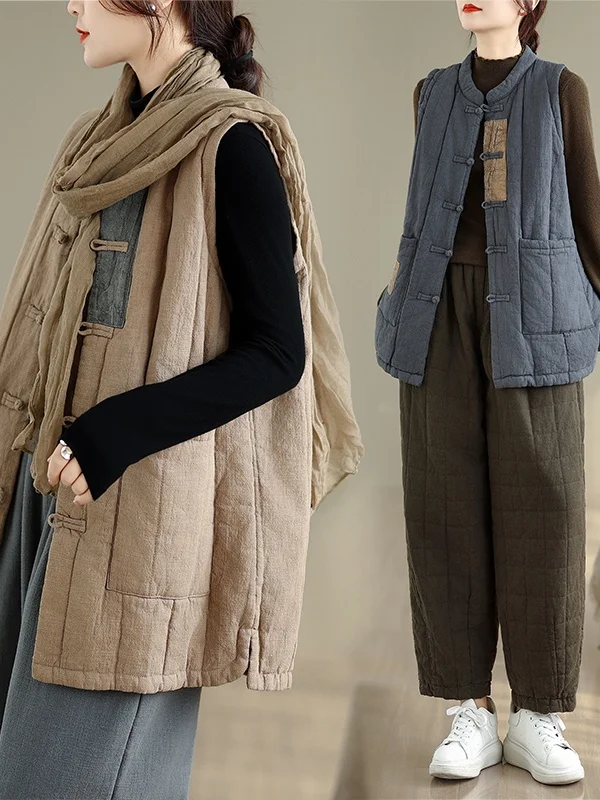 

Thiened Cotton Linen Jaet Autumn Winter New Sle Women's Zen Loose Long Cotton Warm oulder Pad Vest Faion Commute