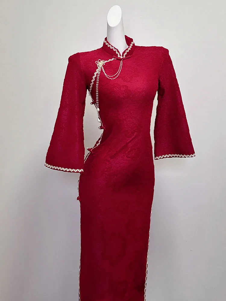 

Элегантное винно-красное свадебное платье с длинными рукавами, низким разрезом, из полиэфирного волокна, с прямым воротником, в китайском стиле, для женщин