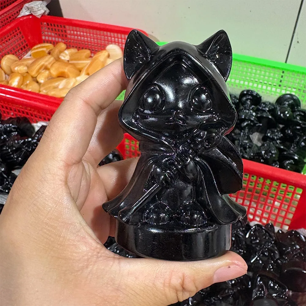 Custom 10cm Obsidian Grim Reaper Cat Figurine - Hand-Carved Crystal Statue for Home Decor, Reiki Healing Stone & Unique Gift