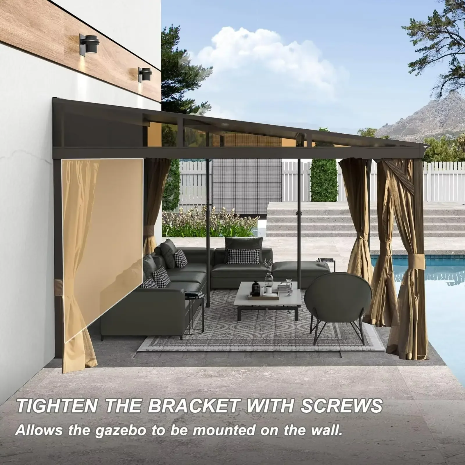 ！@12X16FT Metal Frame Patio Lean to Gazebo Galvanized Steel Sloping Roof Wall Mounted Hardtop Pergola with Curtain and Netting