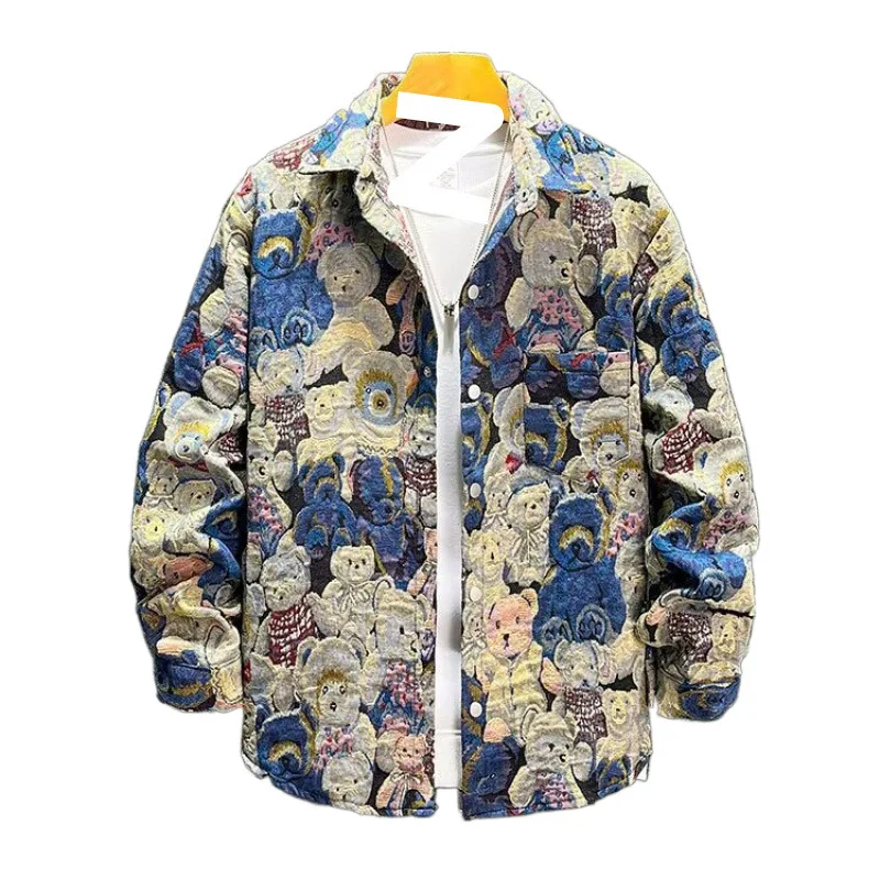 

Little Bear Pattern Print Jacket Men's Baseball Denim Jacket Retro Loose Lapels Single Breasted Tops Coat Unisex Couple Clothing