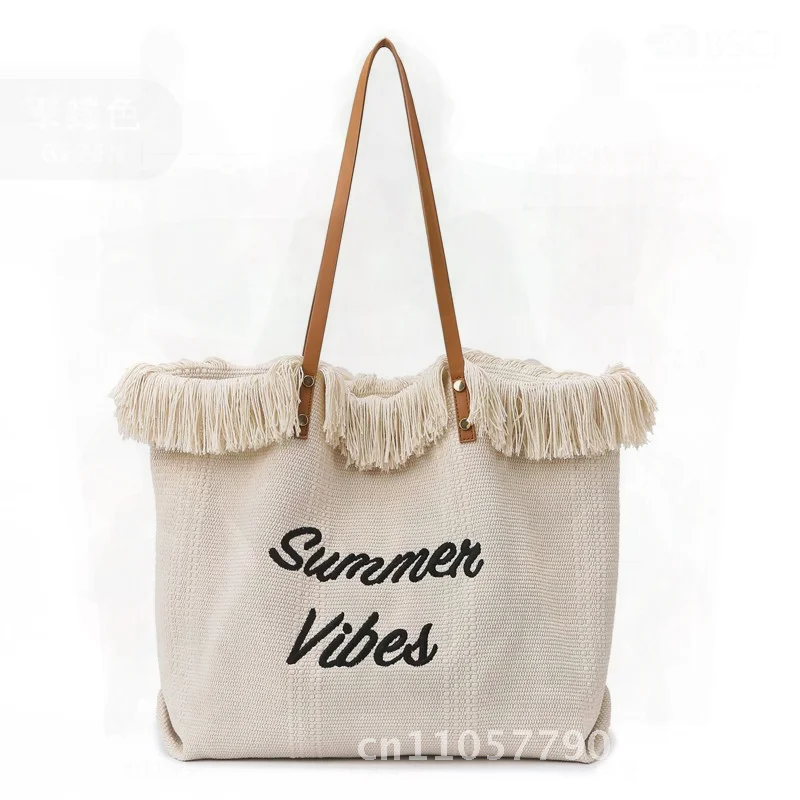 Women's Large Capacity Canvas Tote Bag Embroidered Letter Street Fashion Woven Beach Shoulder Bag