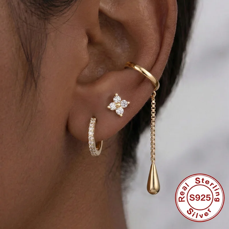 S925 Silver Gold Plated Zirconia Flower Huggie Hoop & Tassel Ear Cuff Earrings Set for Women Dainty Drop Ear Buckle Jewelry Gift