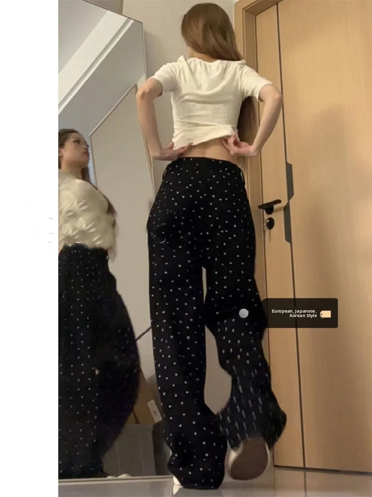 

Vintage Black Polka Dot Floral Denim Jeans High Waist Straight Leg Wide Leg Long Trousers for Women Autumn Winter Loose Fit