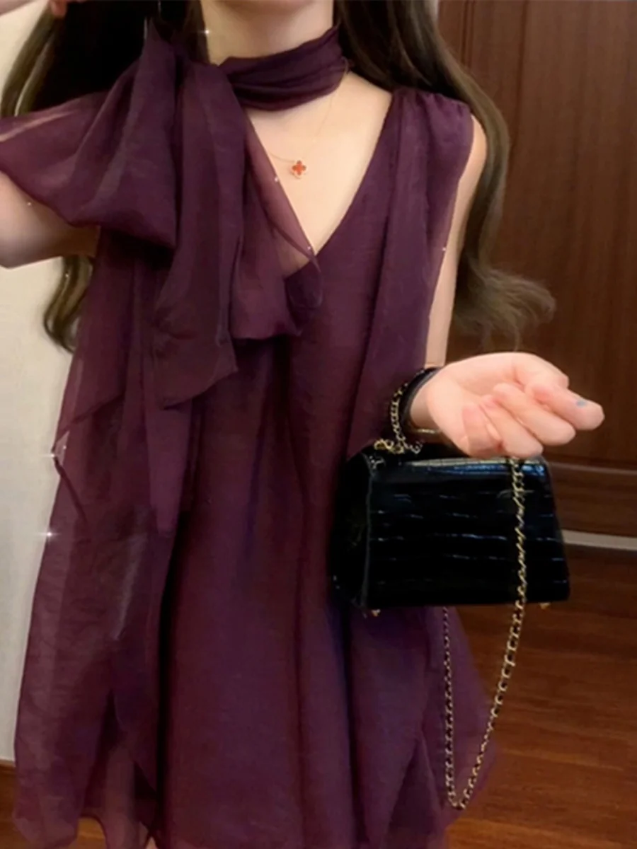 

Spring Design Purple Lace Chiffon Shirt Hanging Neck Sleeveless Asymmetrical Knot New Style 2026 Elegant Top Women's Fashion