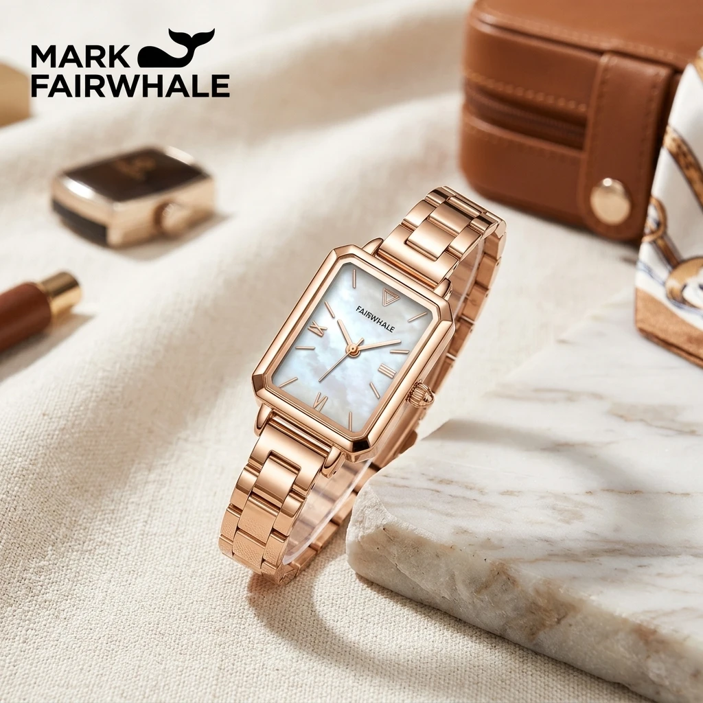 Fashion Female Quartz Watch Mark Fairwhale Retro Rectangle Mother of Pearl Dial Rose Gold Steel Bracelet Ladies Wristwatch