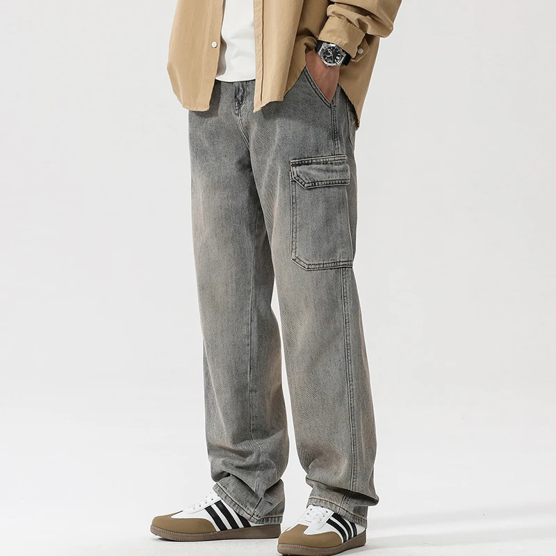 

Men's high street yellow mud work jeans New spring and autumn models Fashionable loose straight wide-leg men's jeans