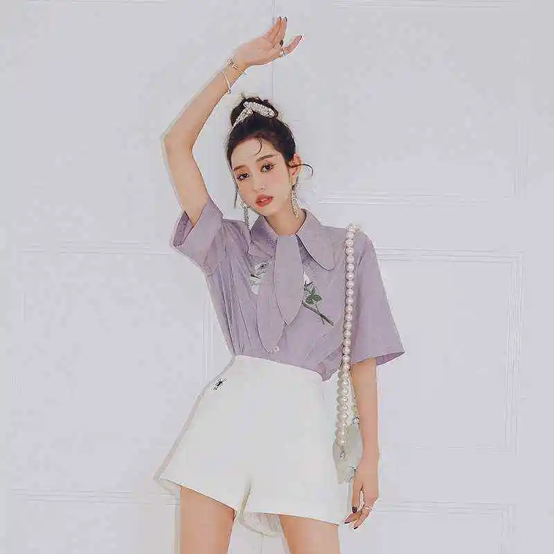 Faionable Women's Chiffon irt ort Sve  Knot Straight Cotton Summer Top Warm Thin Chinese Production