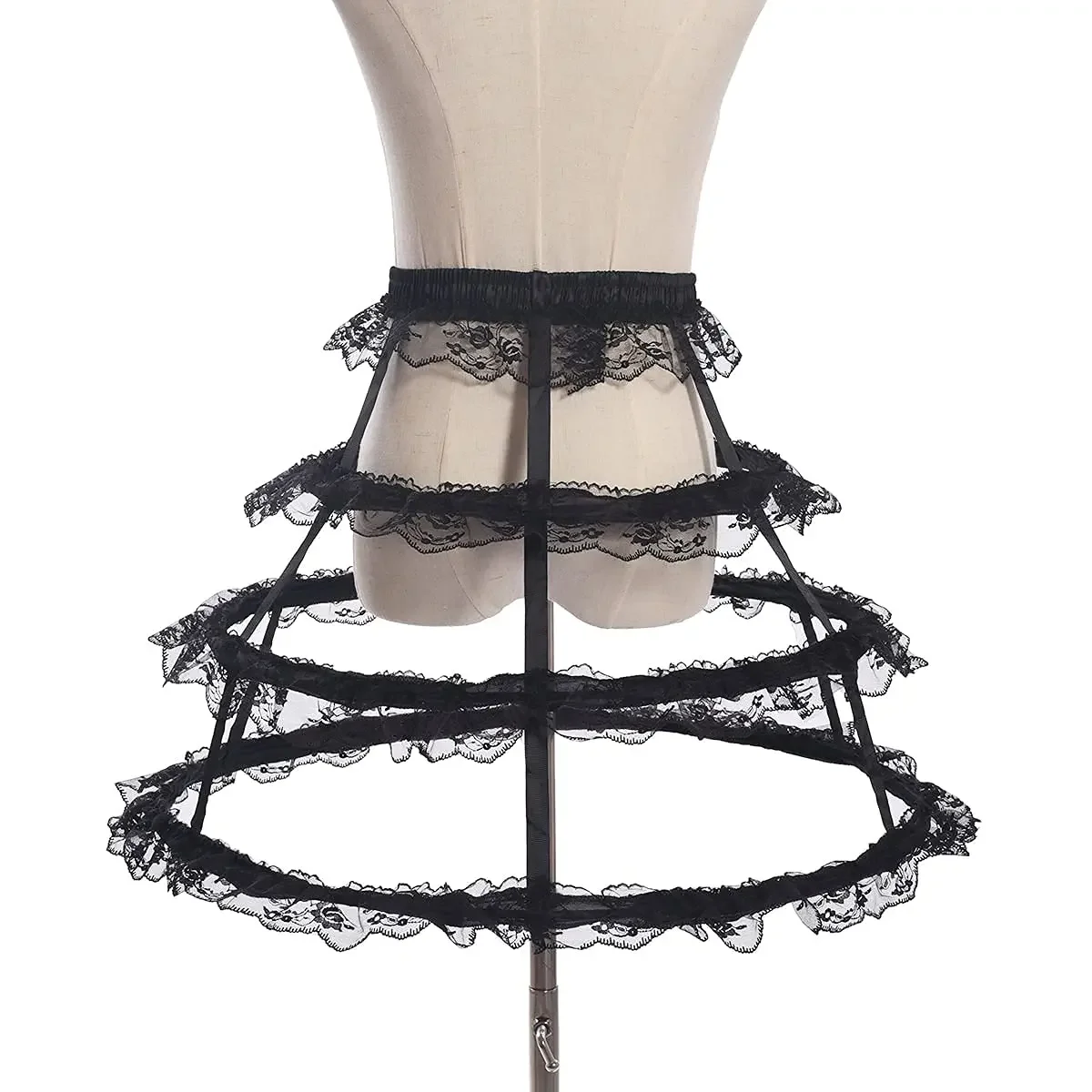 Woman Black Hollow Cage 3- Hoop 4 -Layer Lace Skirt Petticoat Underskirt Ballgown Waistband Lolita Dance  Pannier Crinoline