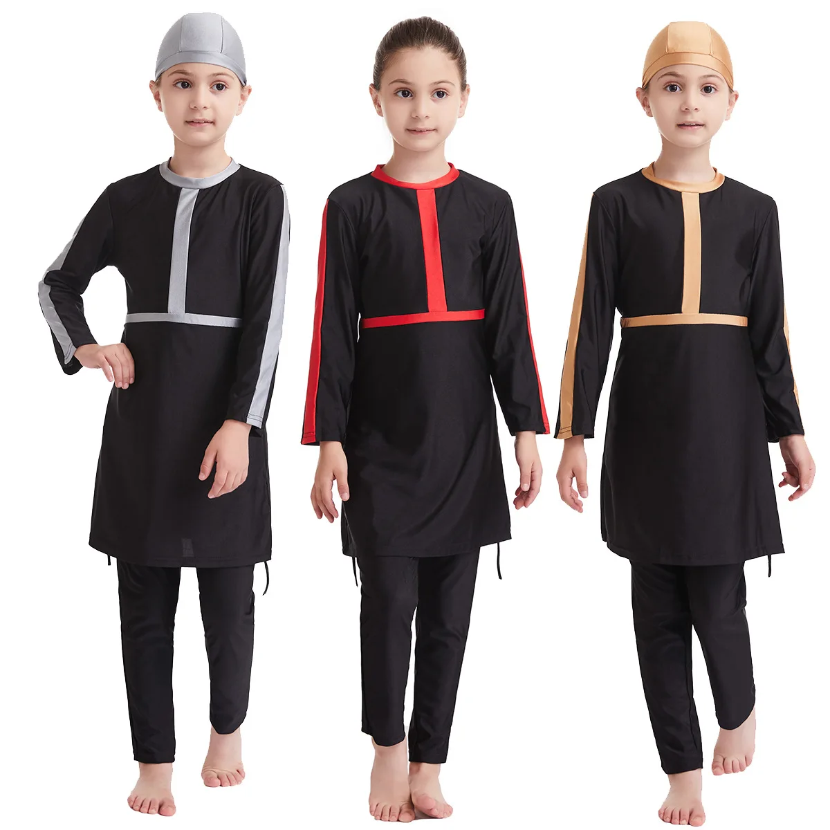 

Muslim Kids Girls 3PCS Set Burkini Modest Islamic Hijab Tops Pants Swimsuit Arabic Swimwear Bathing Suit Conservative Swimming