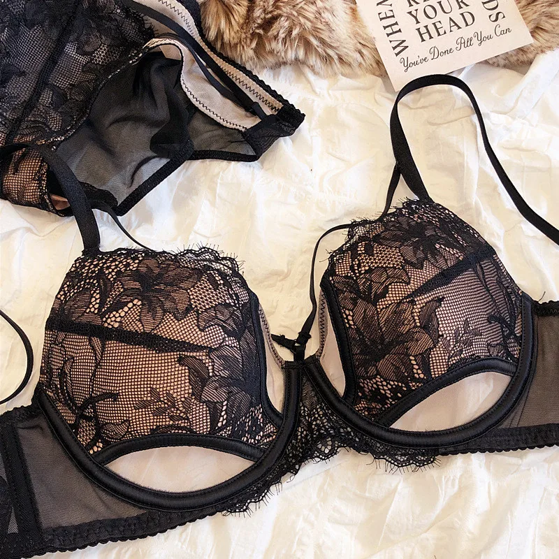 French Sexy Lace Thin Section Bra Small Breasts Gathered Collect Vice Breasts Comfortable Soft Steel Ring Anti-Sagging Bra Set