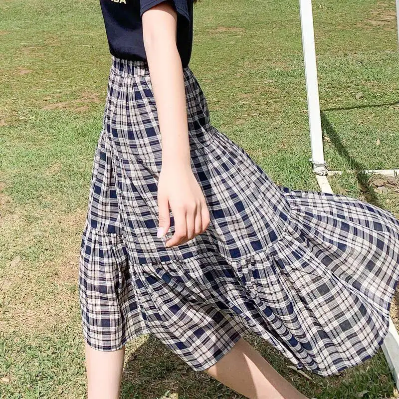 

Plaid Skirt for Women Spring Summer New Elastic Waist Mid-length A-line Versatile Hip-covering Slimming Skirt High Waist