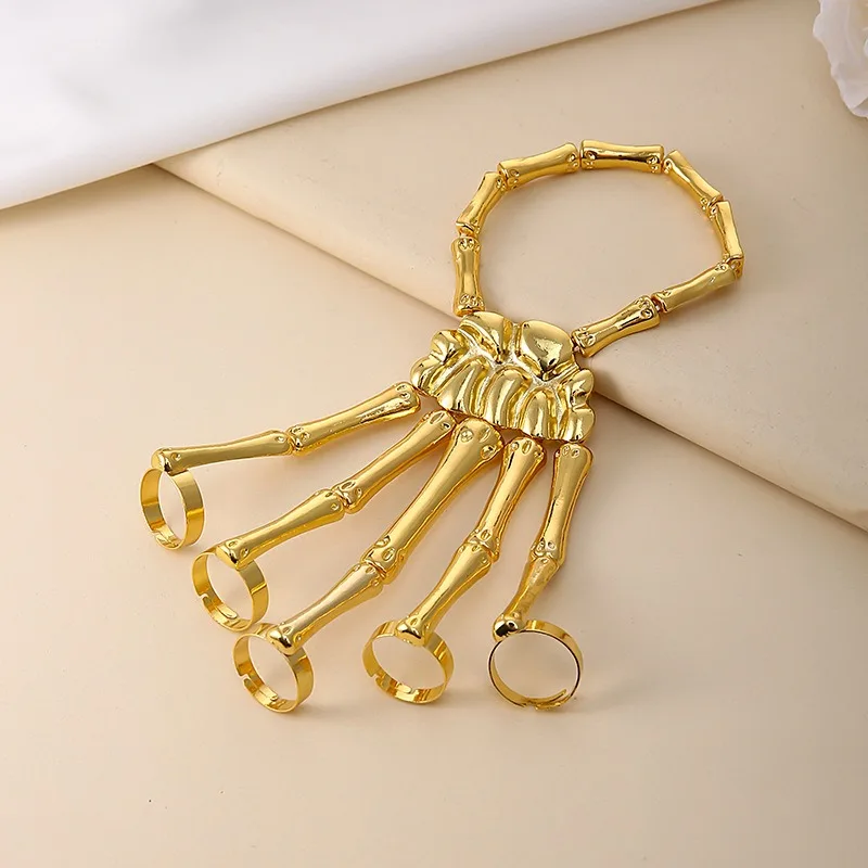 New Hand Accessories Fashion Personality Punk Skeleton Hand Bone All-in-one Five Finger Ring Bracelet Adjustable Chain Female