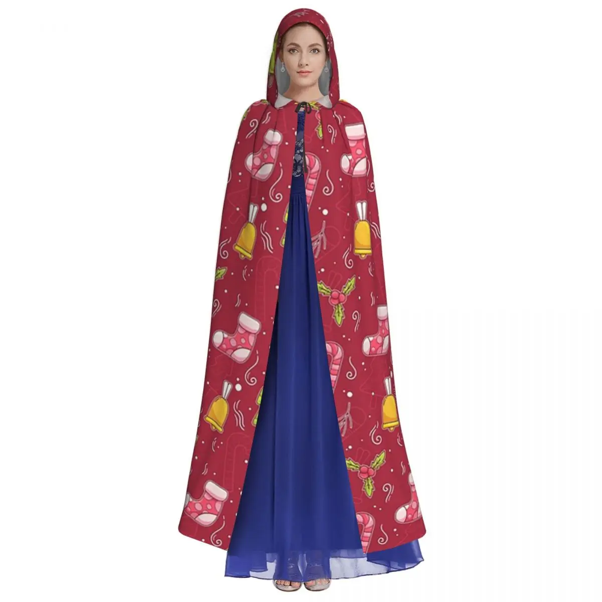 クリスマスの日 クリスマス キャンディケイン ロングフード付きマント 魔女 中世コスチューム コスプレケープ ハロウィンコート 大人用 ユニセックス