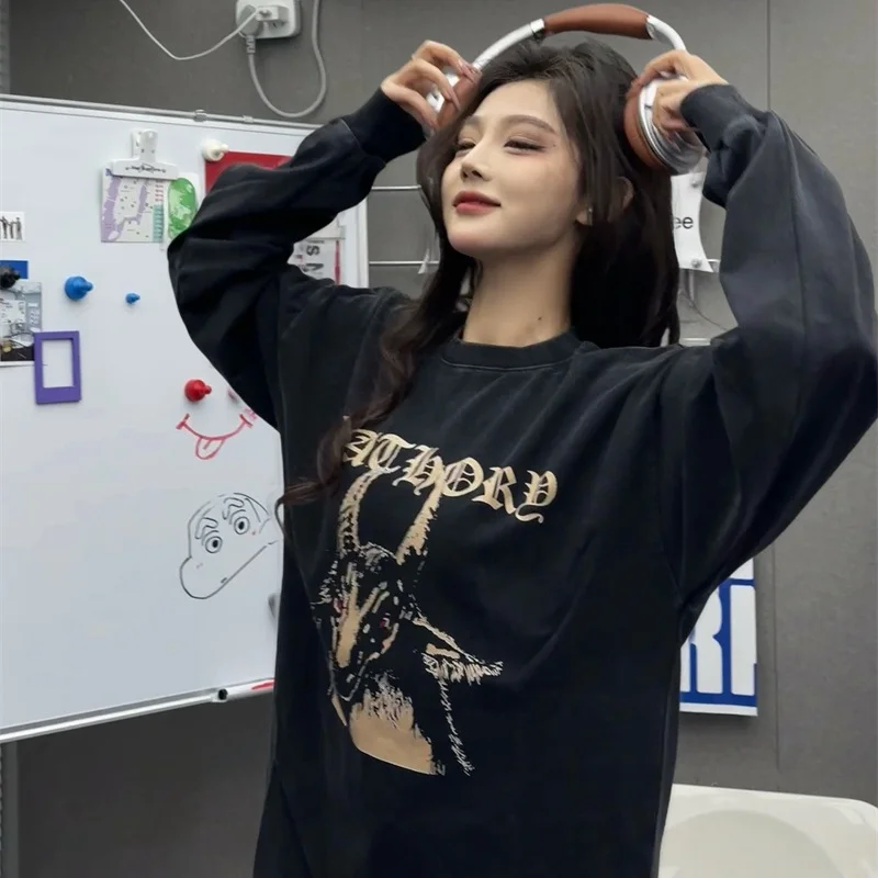 

25ss Street Clothing Oversized Vintage Washed Black Long Sleeve T-Shirt Best Quality Cotton Patterned Printed T Shirt Men Women