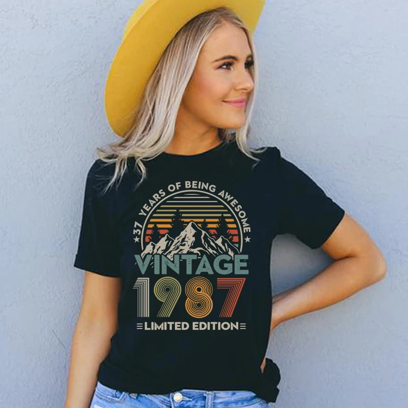 37 Years of Being Awesome Vintage 1987 Limited Edition Women T Shirt Cotton Retro 37th Old Birthday Clothes Mountains Top Tshirt