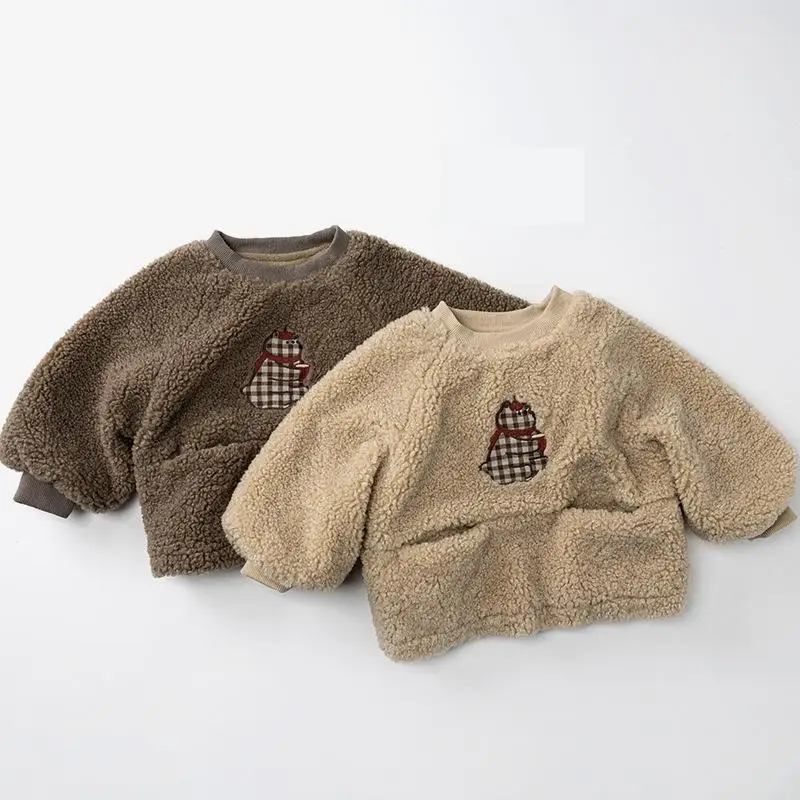 

2025 Winter New Children Fleece Sweatshirt Girls Cute Cartoon Warm Pullover Plus Velvet Thick Kids Boys Plush Sweatshirts