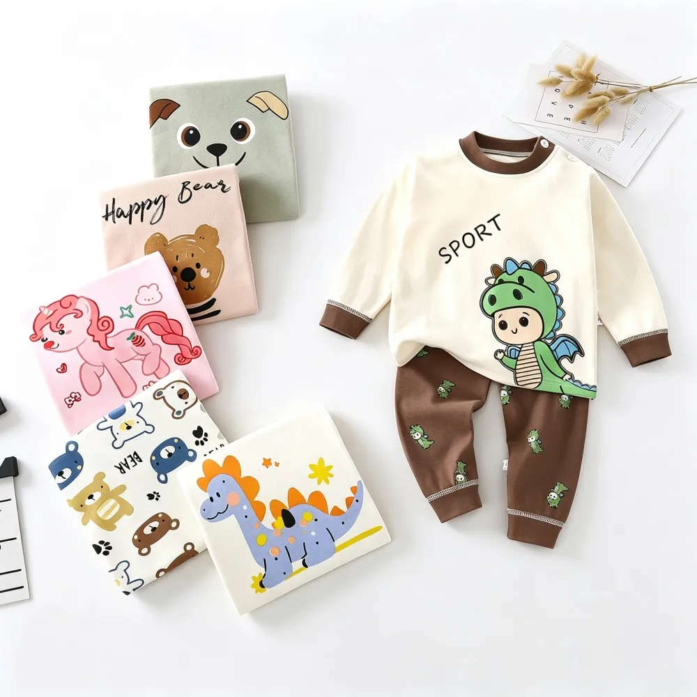Autumn Winter Kids Pajamas Boys Toddler Pajama Set Cotton Stripe Bow Flower Shark Little Girl Clothes Brown Green Girls Pjs Sets